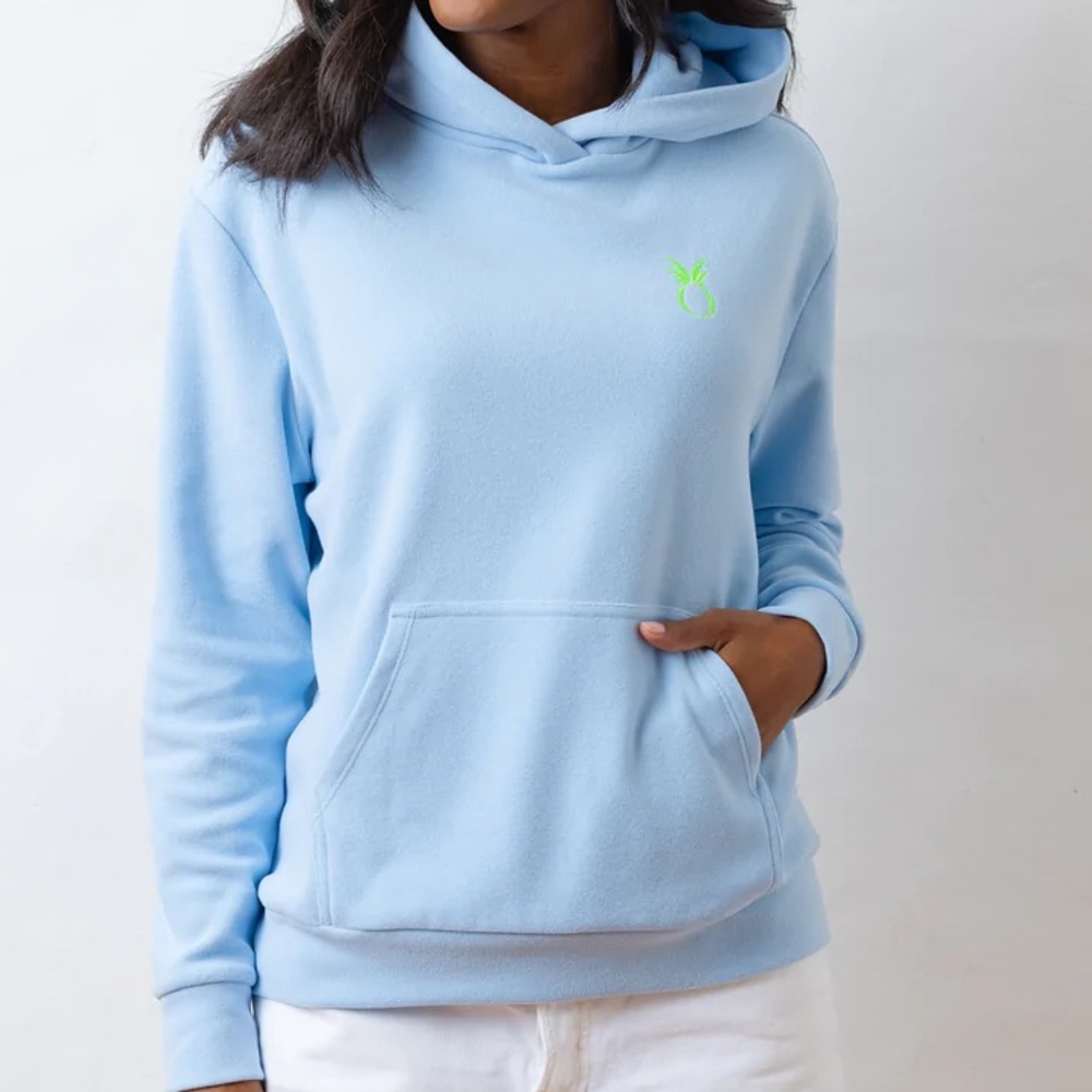 Dudley Stephens Pale Blue Hoodie with Neon Green Logo